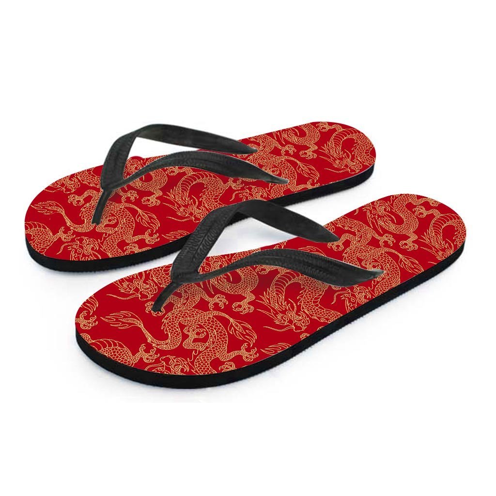 Red Oriental Chinese Dragon Men's Flip Flops-grizzshop