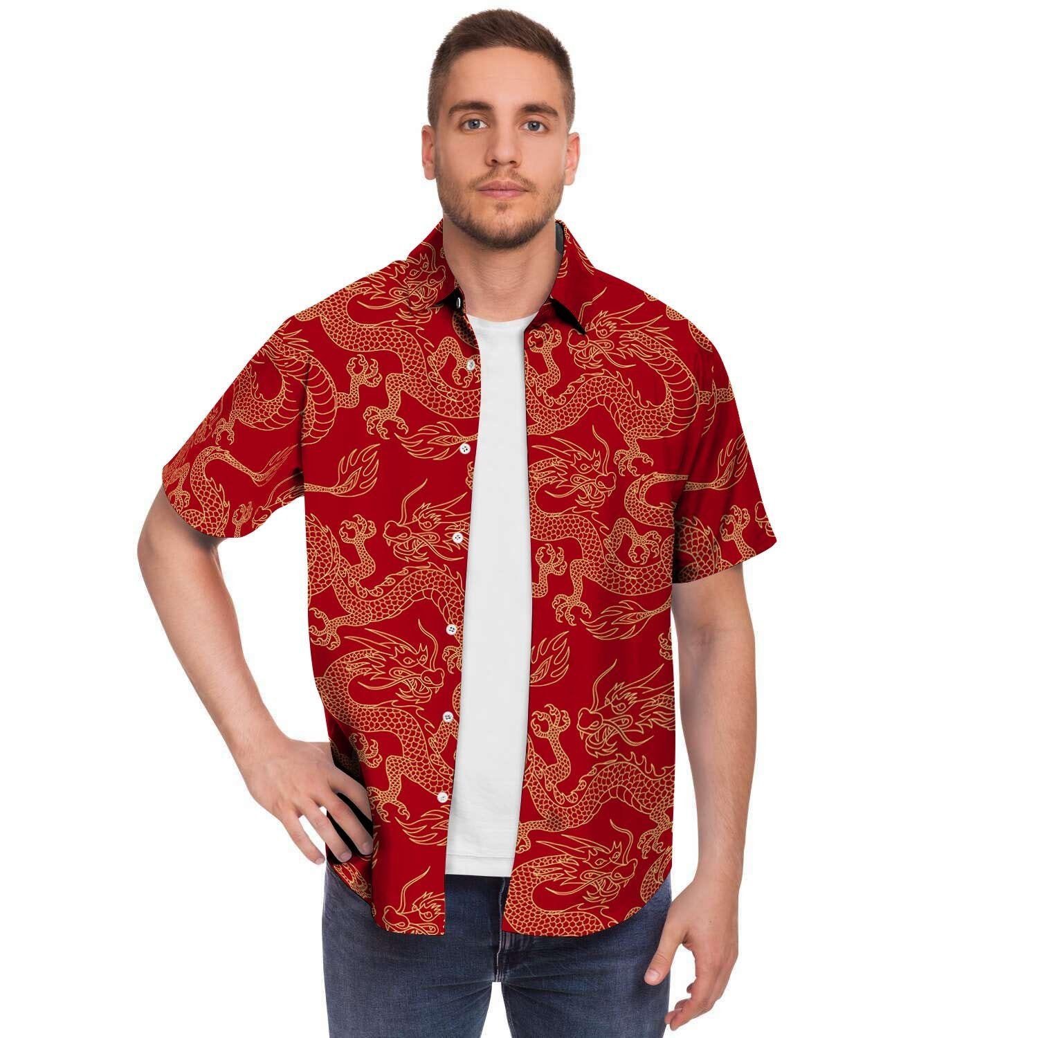 Red Oriental Chinese Dragon Men's Short Sleeve Shirt-grizzshop