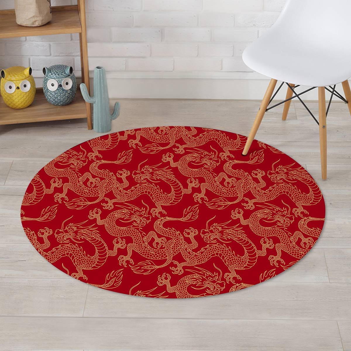 Red Oriental Chinese Dragon Round Rug-grizzshop