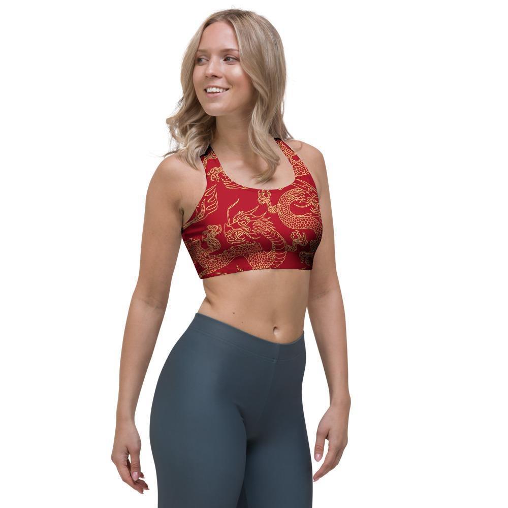 Red Oriental Chinese Dragon Sports Bra-grizzshop