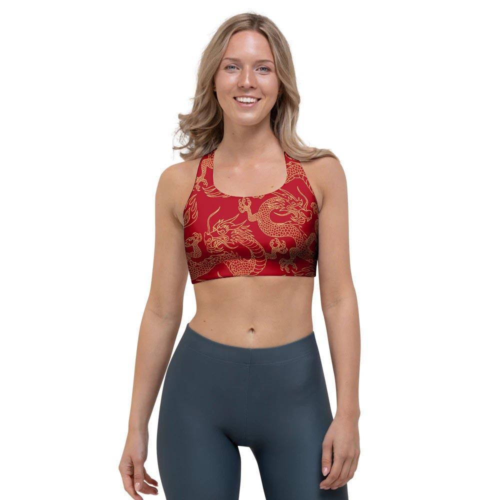 Red Oriental Chinese Dragon Sports Bra-grizzshop