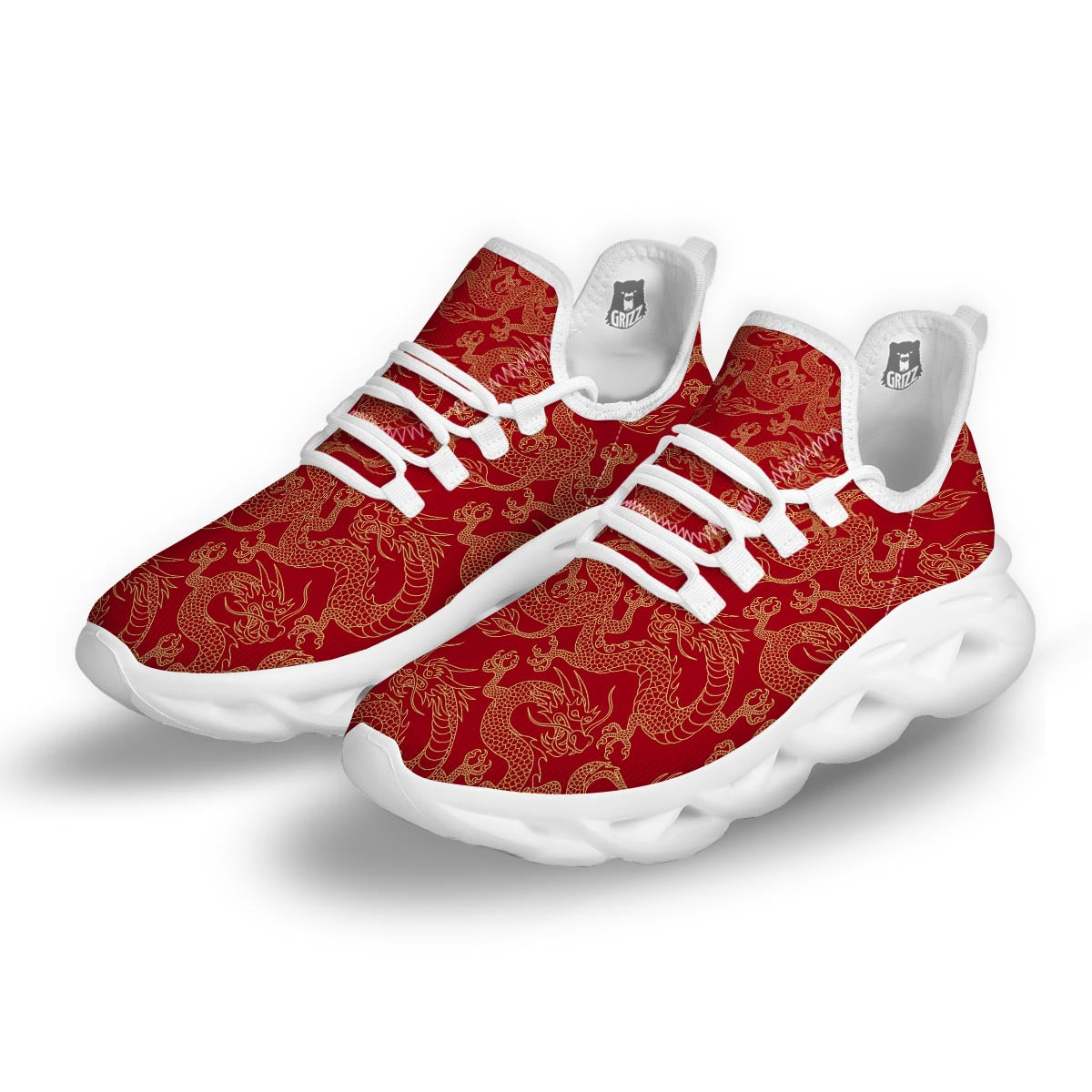 Red Oriental Chinese Dragon White Running Shoes-grizzshop