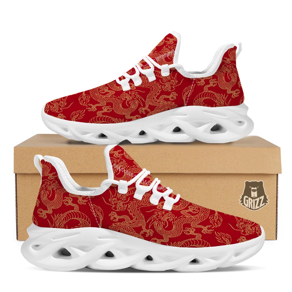 Red Oriental Chinese Dragon White Running Shoes-grizzshop