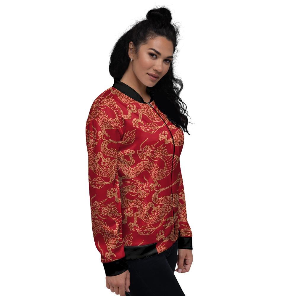 Red Oriental Chinese Dragon Women's Bomber Jacket-grizzshop