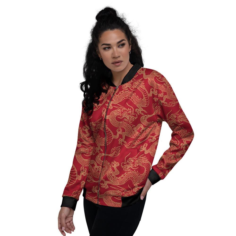 Red Oriental Chinese Dragon Women's Bomber Jacket-grizzshop