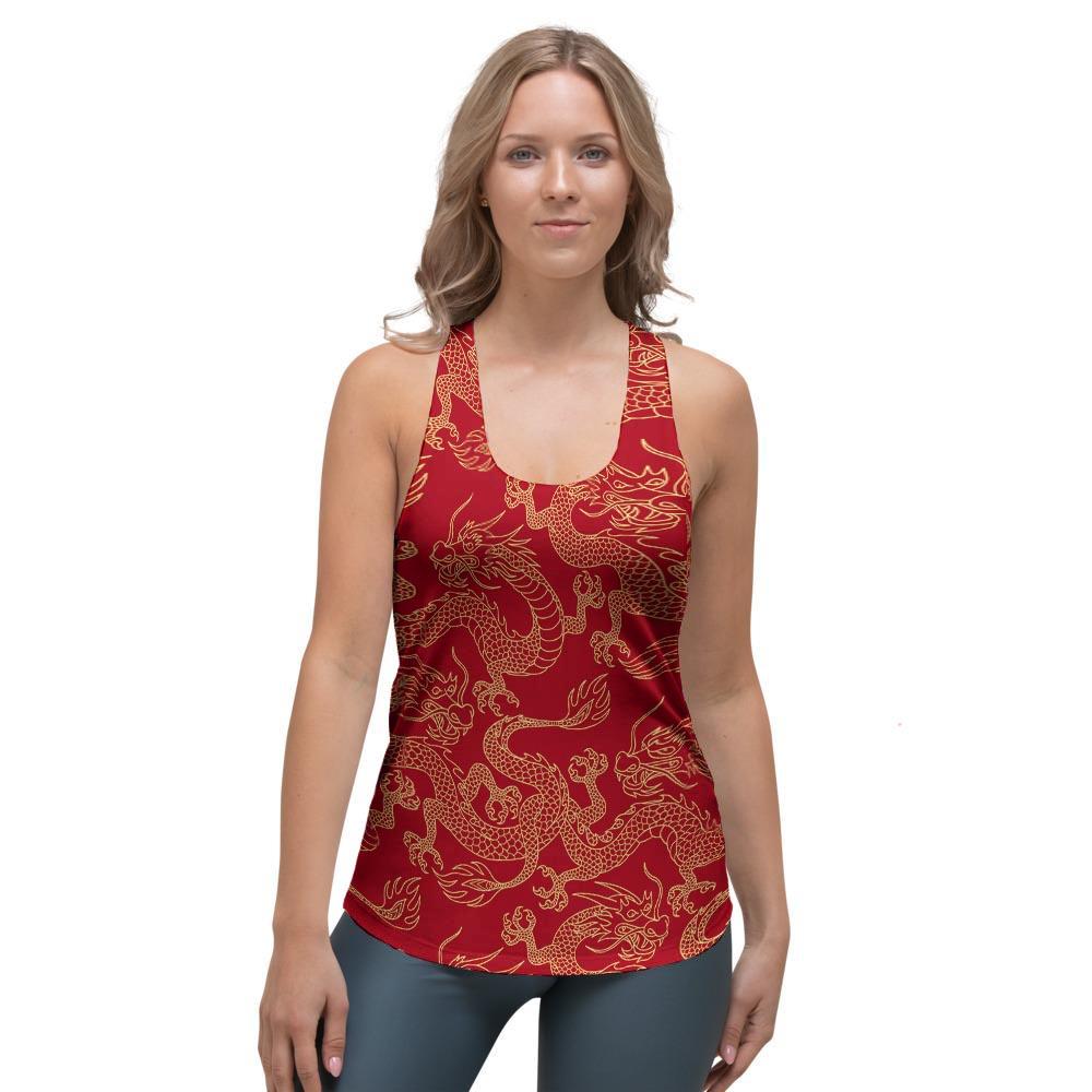 Red Oriental Chinese Dragon Women's Racerback Tank Top-grizzshop
