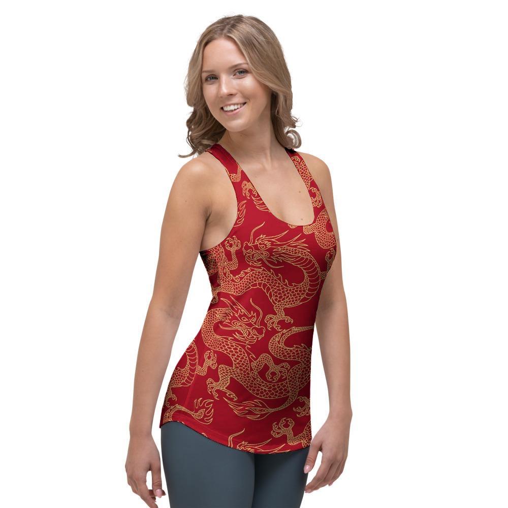Red Oriental Chinese Dragon Women's Racerback Tank Top-grizzshop