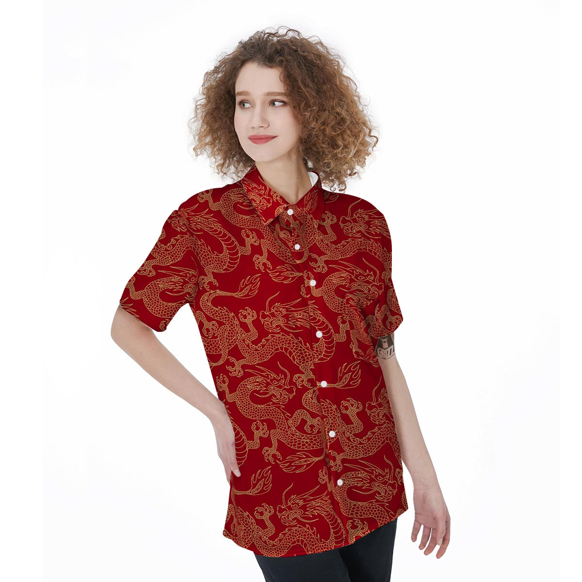 Red Oriental Chinese Dragon Women's Short Sleeve Shirts-grizzshop