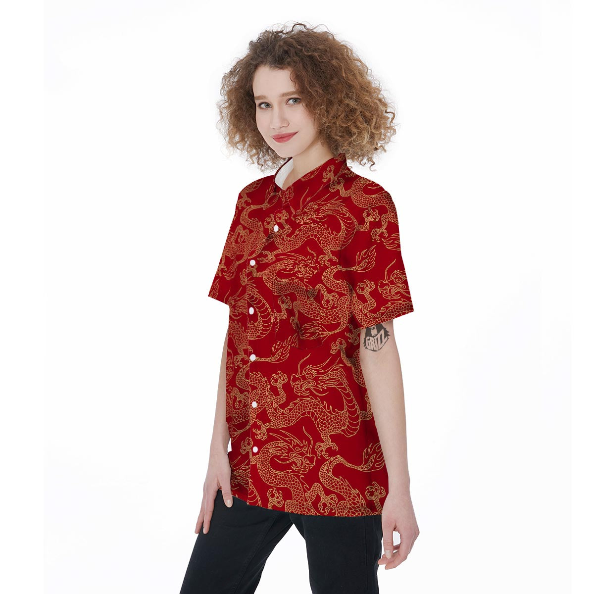 Red Oriental Chinese Dragon Women's Short Sleeve Shirts-grizzshop