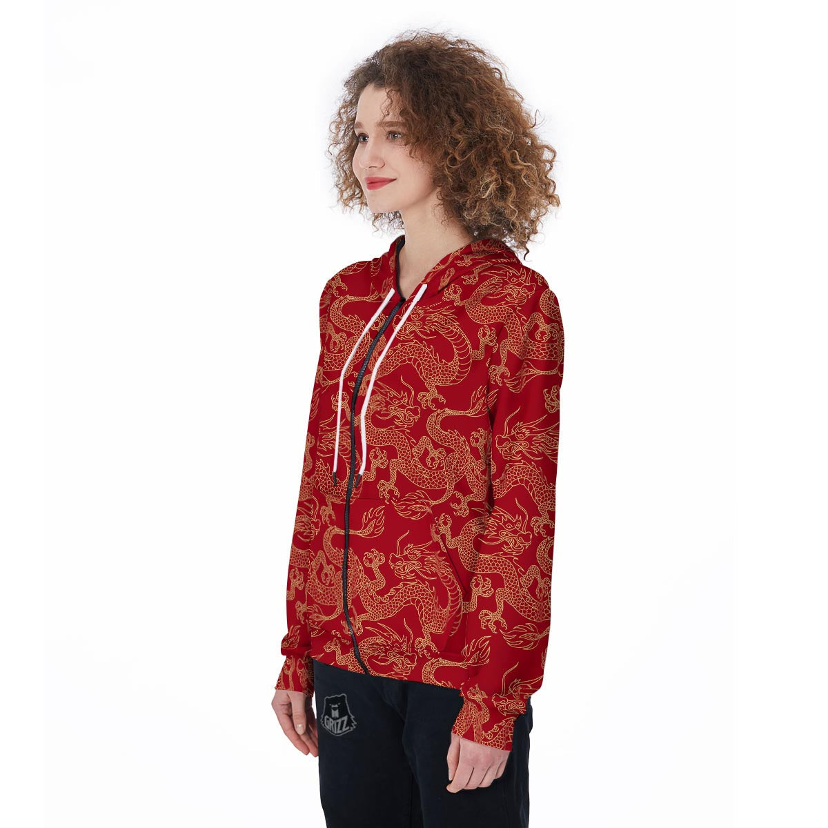 Red Oriental Chinese Dragon Women's Zip Up Hoodie-grizzshop