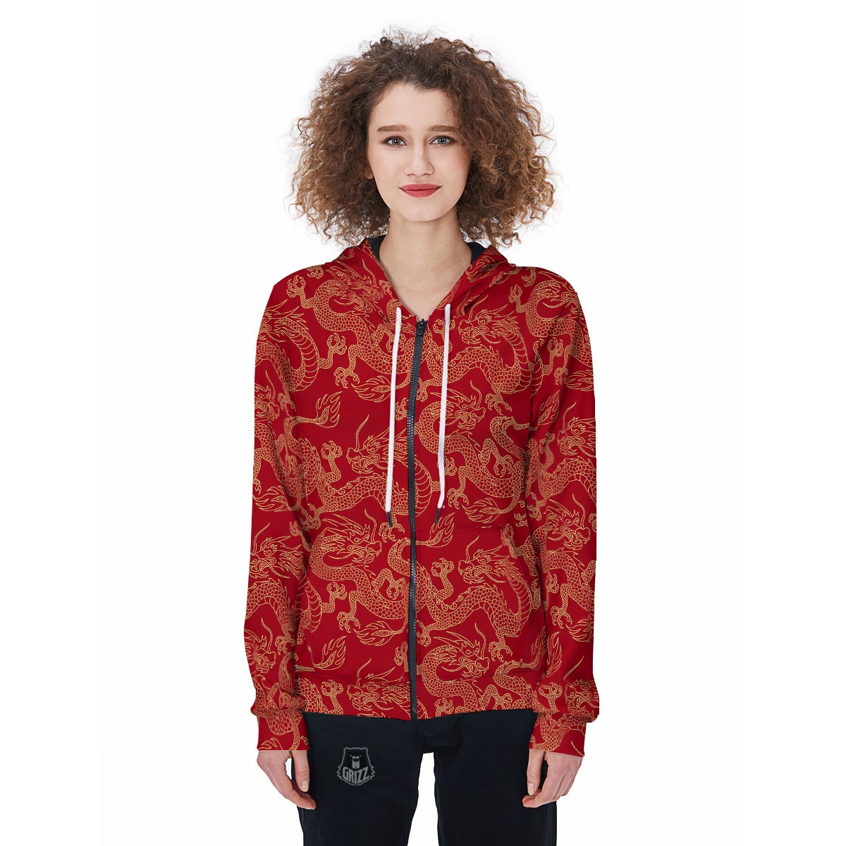 Red Oriental Chinese Dragon Women's Zip Up Hoodie-grizzshop