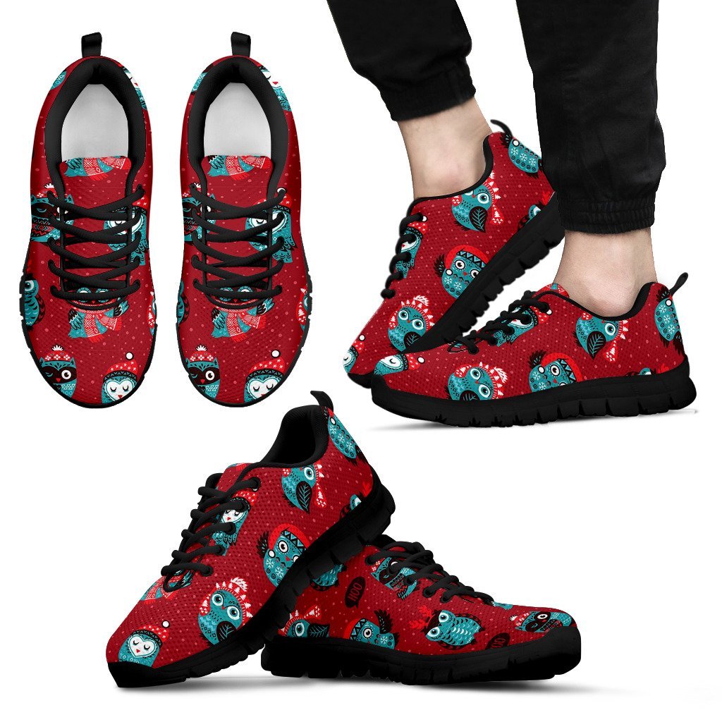 Red Owl Christmas Pattern Print Black Sneaker Shoes For Men Women-grizzshop