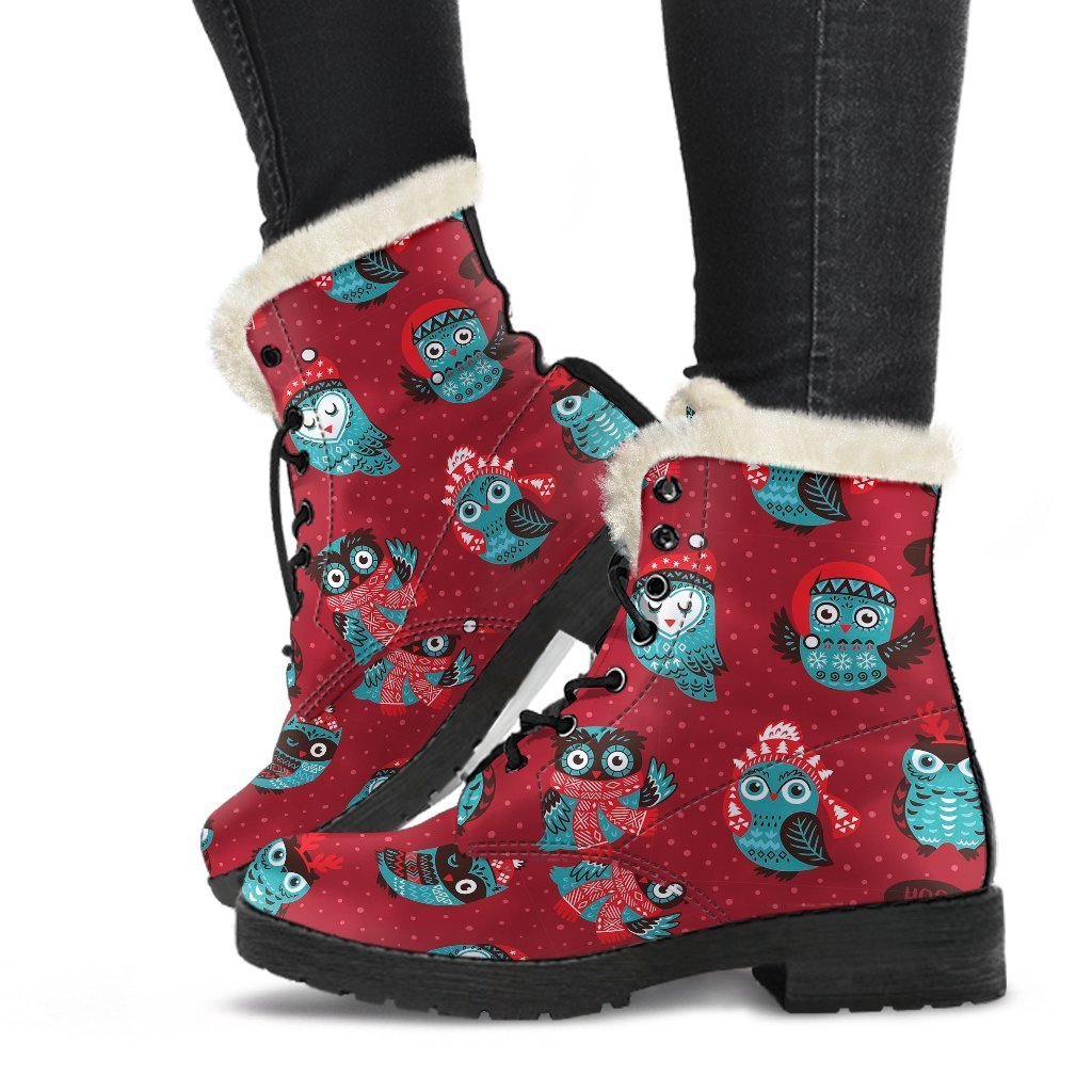 Red Owl Christmas Pattern Print Comfy Winter Boots-grizzshop