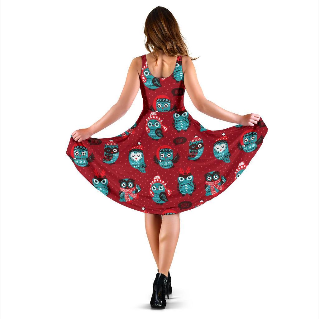 Red Owl Christmas Pattern Print Dress-grizzshop
