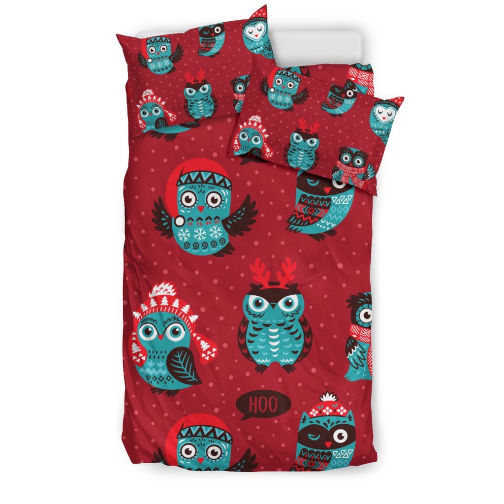 Red Owl Christmas Pattern Print Duvet Cover Bedding Set-grizzshop