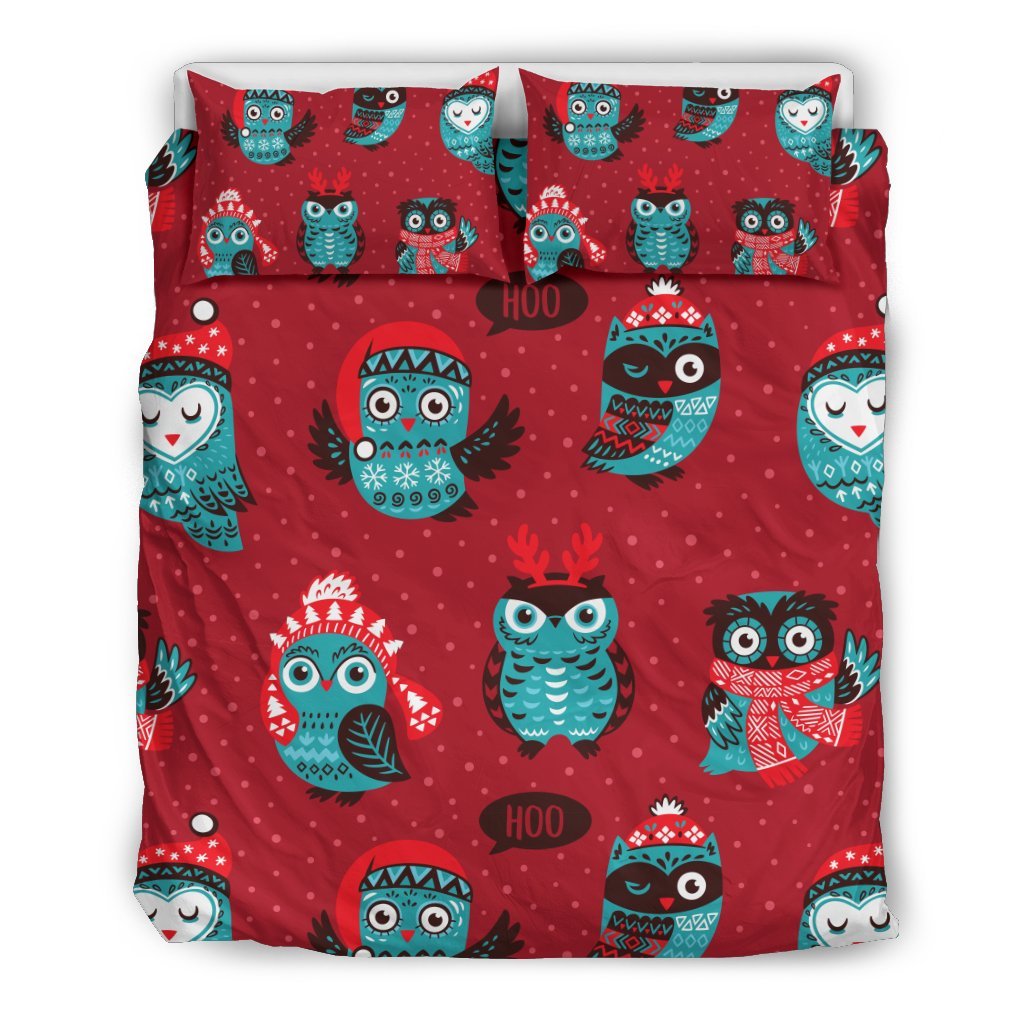 Red Owl Christmas Pattern Print Duvet Cover Bedding Set-grizzshop