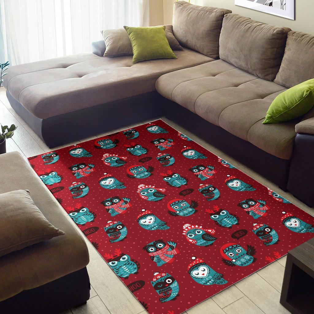 Red Owl Christmas Pattern Print Floor Mat-grizzshop