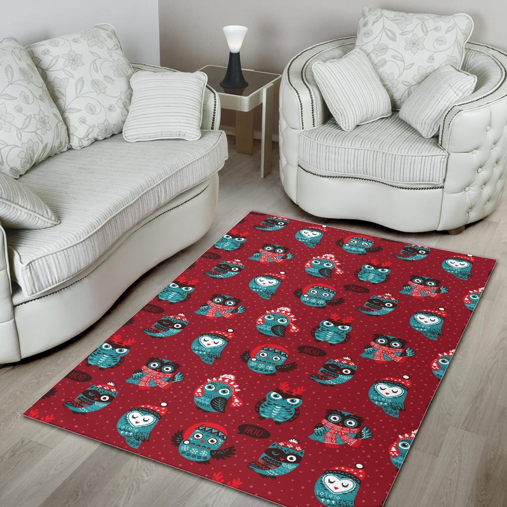 Red Owl Christmas Pattern Print Floor Mat-grizzshop