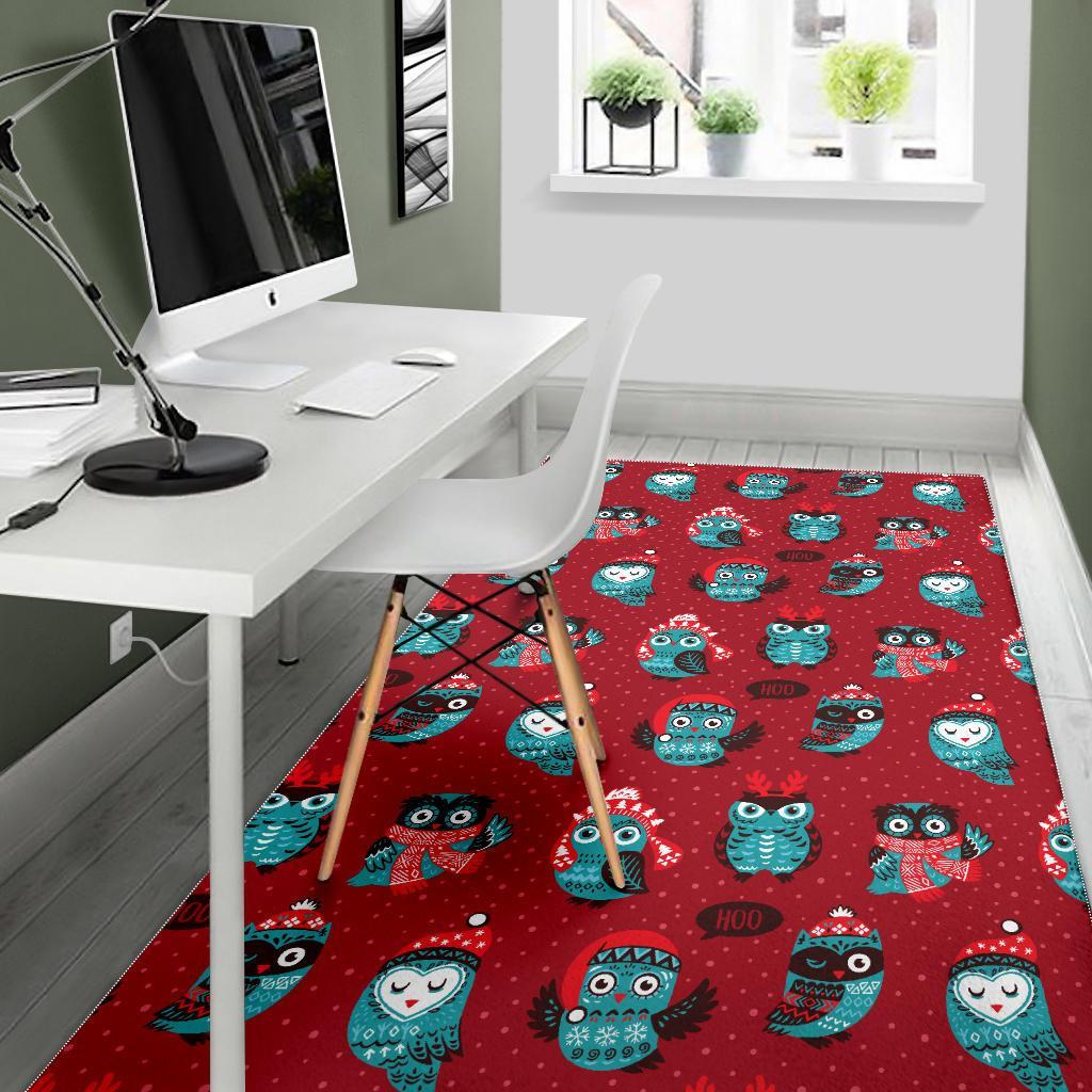 Red Owl Christmas Pattern Print Floor Mat-grizzshop