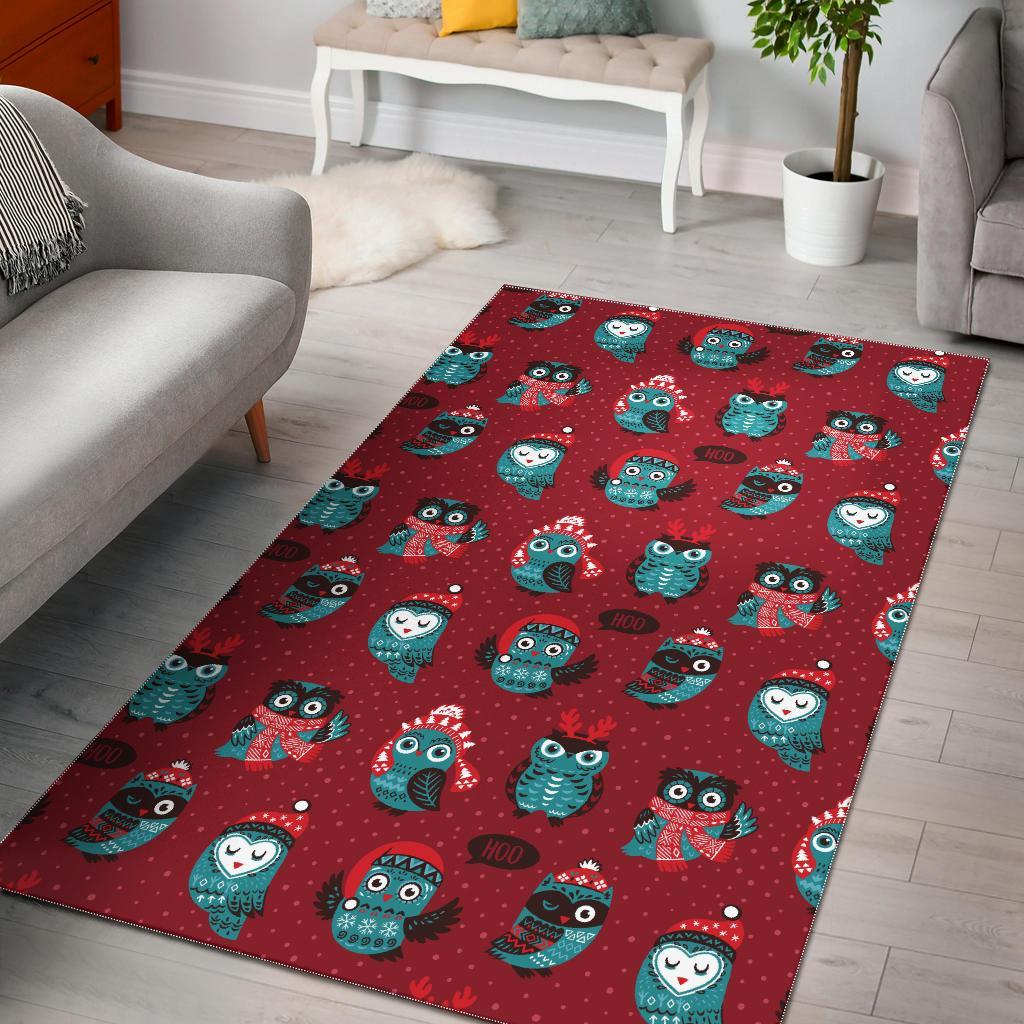 Red Owl Christmas Pattern Print Floor Mat-grizzshop