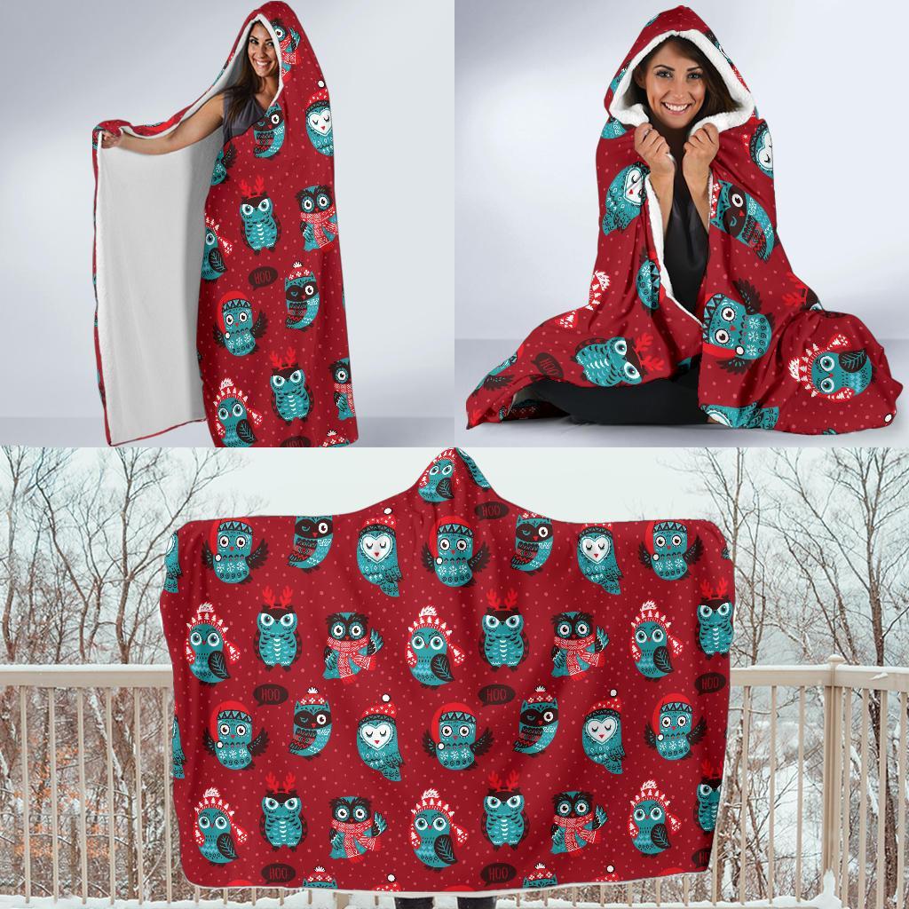 Red Owl Christmas Pattern Print Hooded Blanket-grizzshop