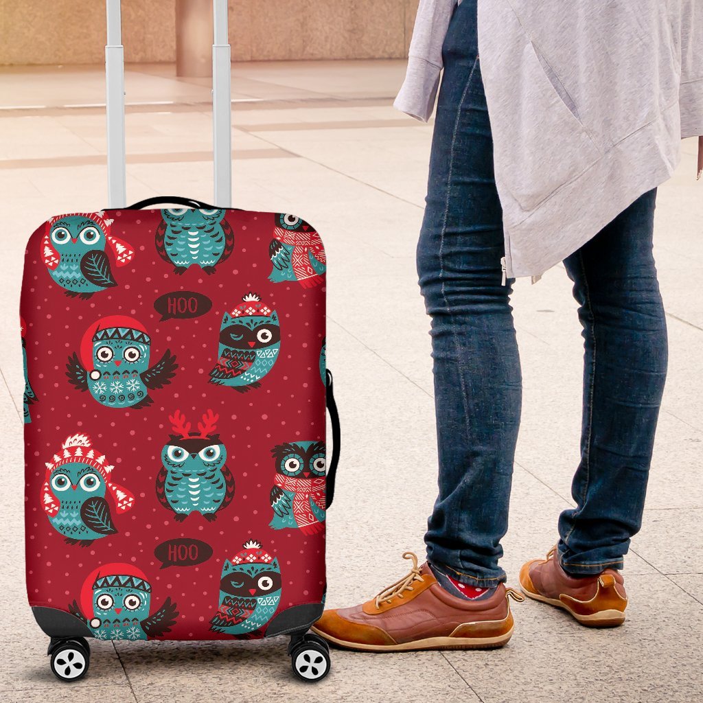 Red Owl Christmas Pattern Print Luggage Cover Protector-grizzshop