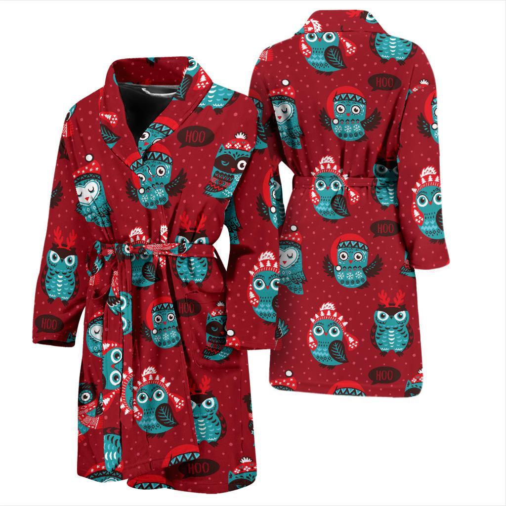 Red Owl Christmas Pattern Print Men Long Robe-grizzshop