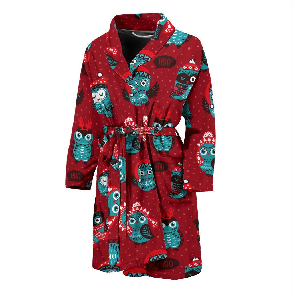 Red Owl Christmas Pattern Print Men Long Robe-grizzshop