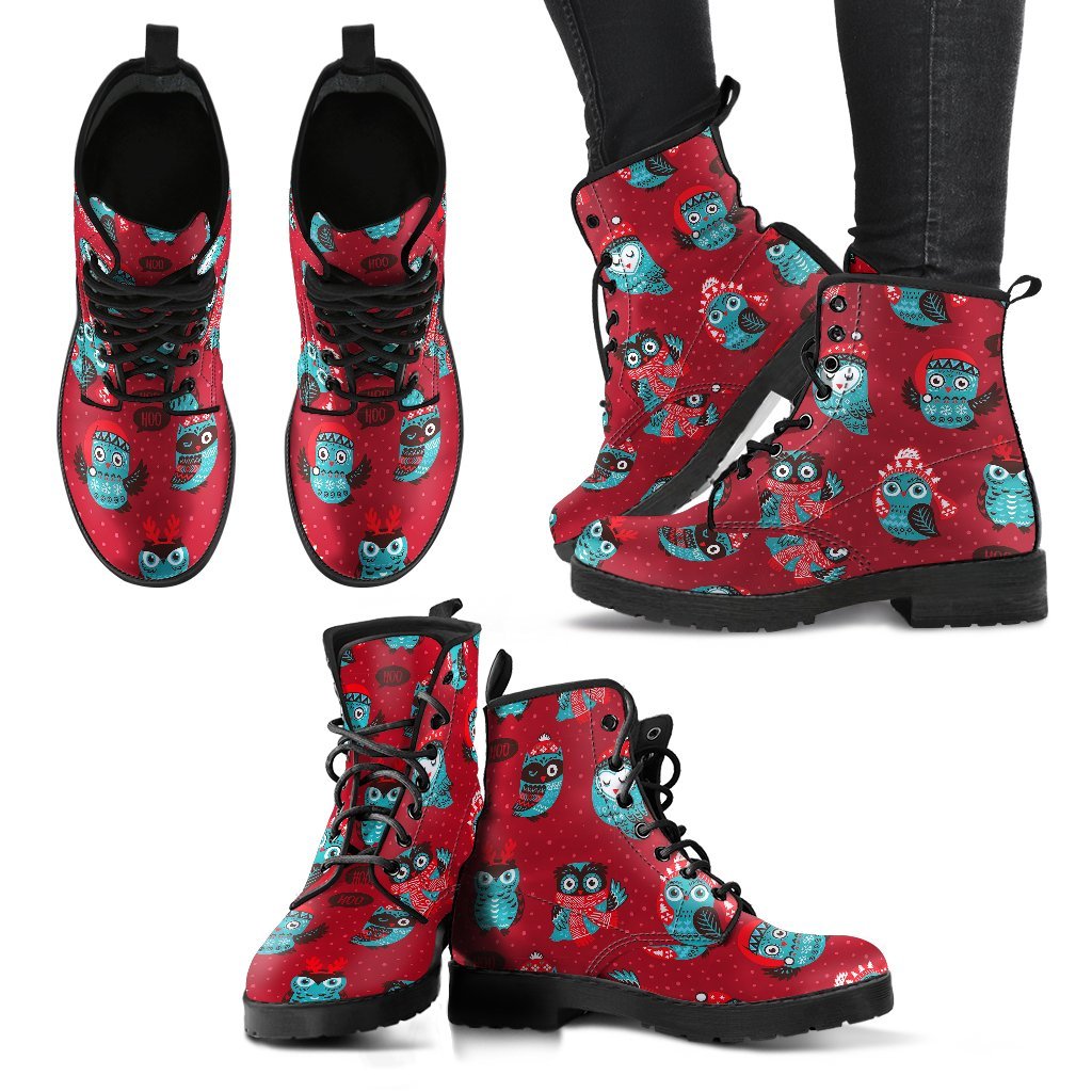 Red Owl Christmas Pattern Print Men Women Leather Boots-grizzshop