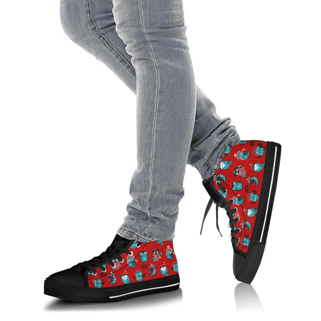 Red Owl Christmas Pattern Print Men Women's High Top Shoes-grizzshop