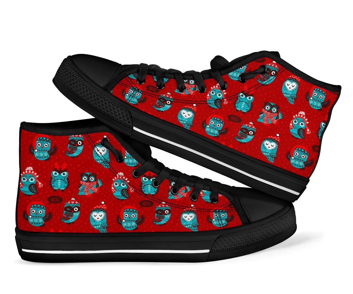 Red Owl Christmas Pattern Print Men Women's High Top Shoes-grizzshop