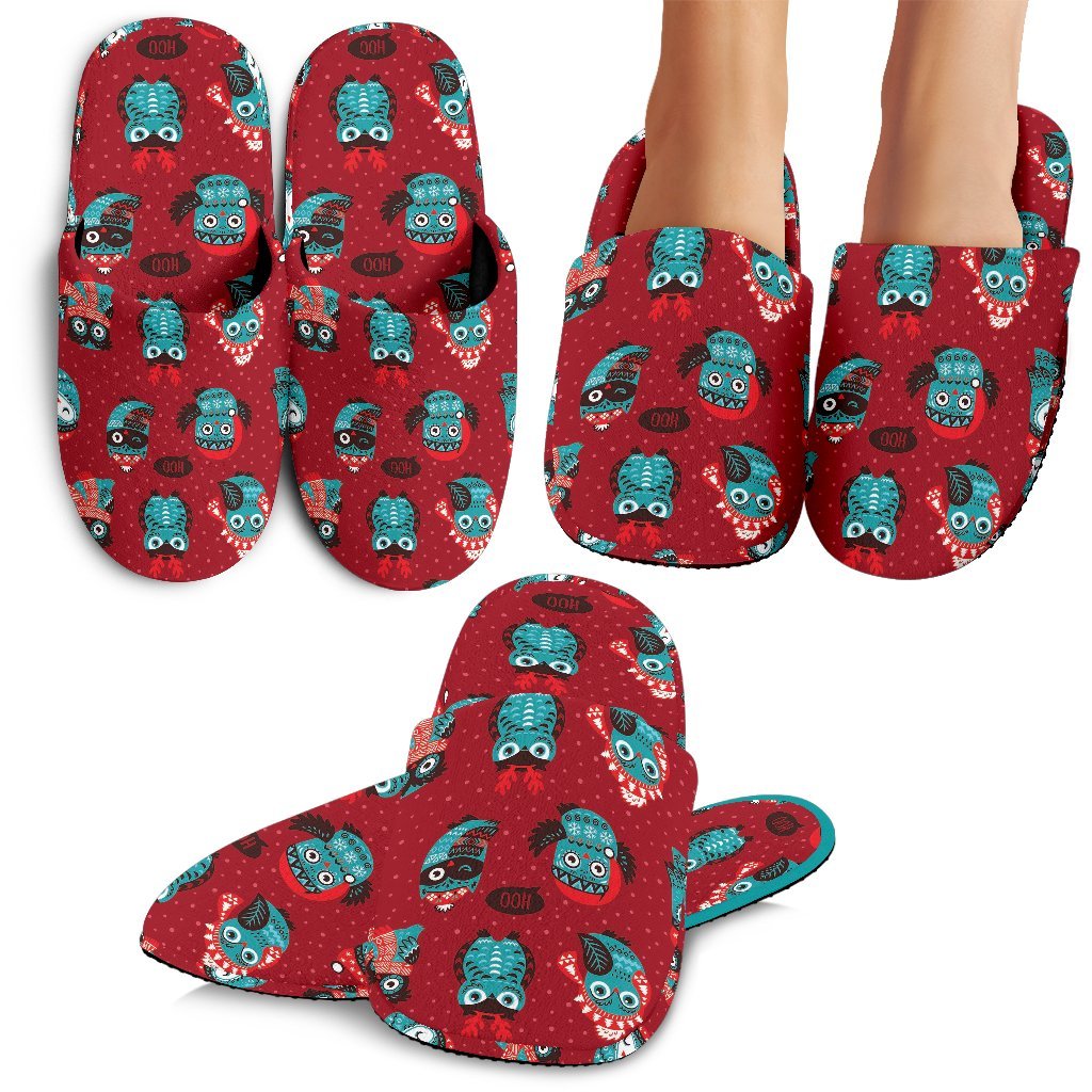 Red Owl Christmas Pattern Print Premium Home Slippers-grizzshop