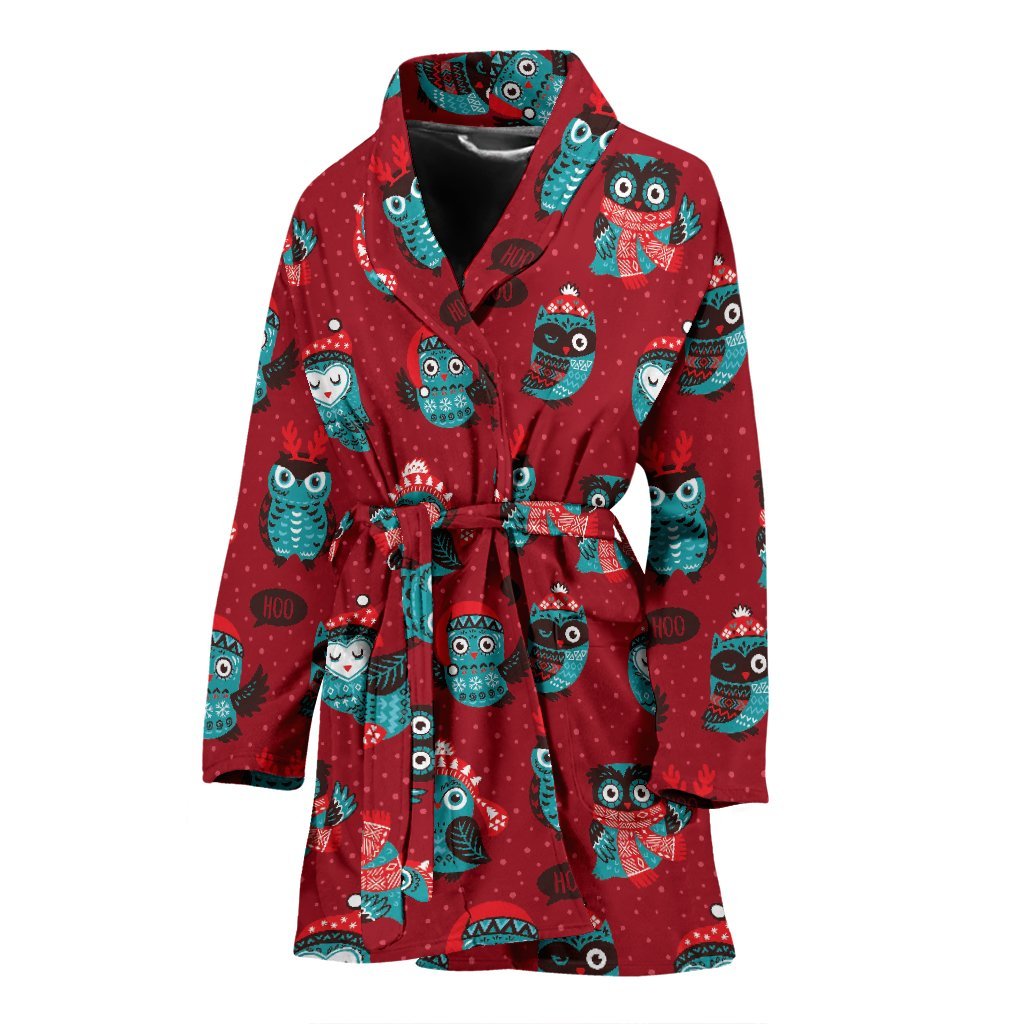 Red Owl Christmas Pattern Print Women Long Robe-grizzshop
