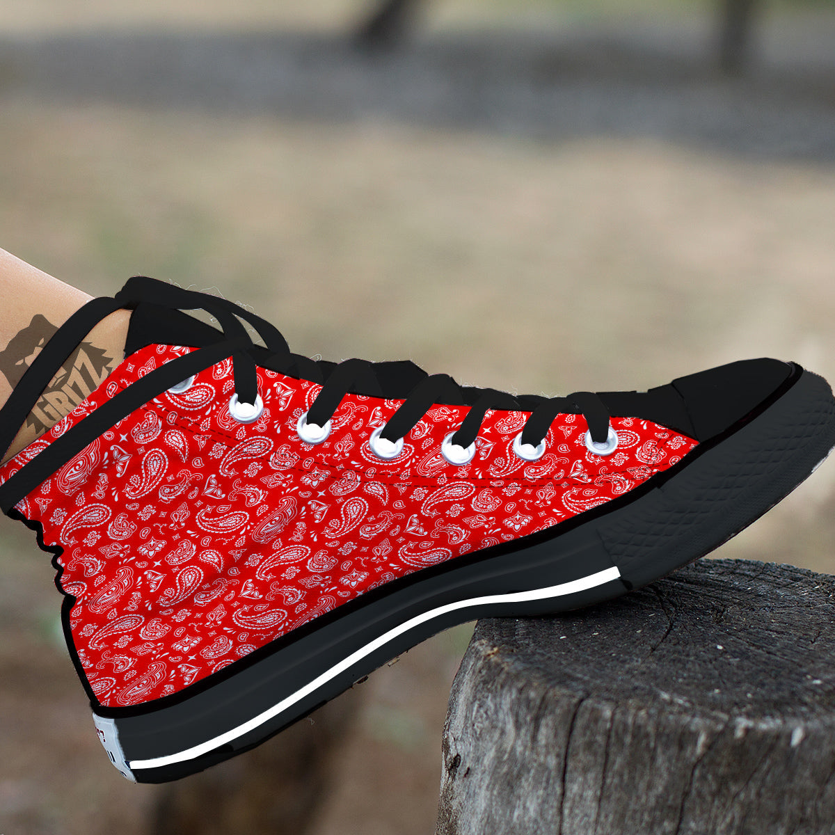 Red Paisley Bandana Print Black High Top Shoes-grizzshop