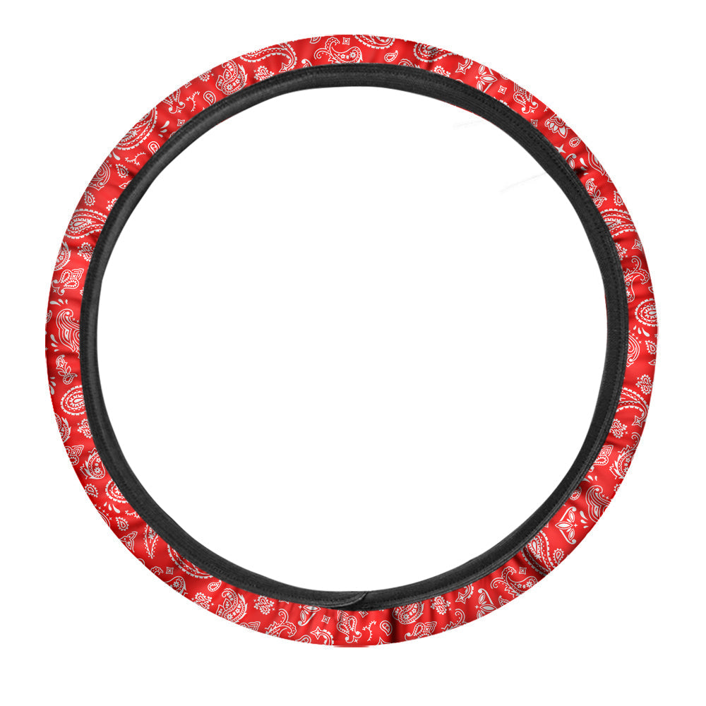 Red Paisley Bandana Print Car Steering Wheel Cover-grizzshop