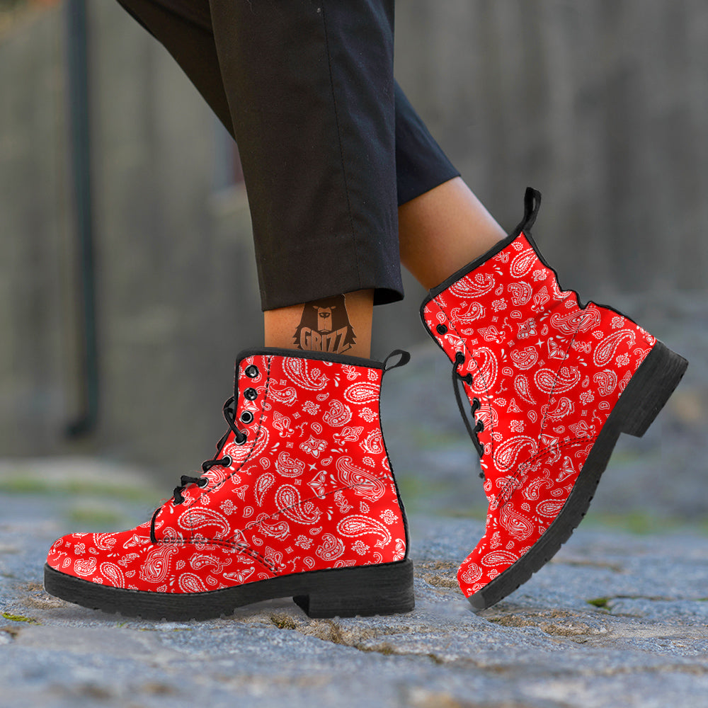 Red Paisley Bandana Print Leather Boots-grizzshop