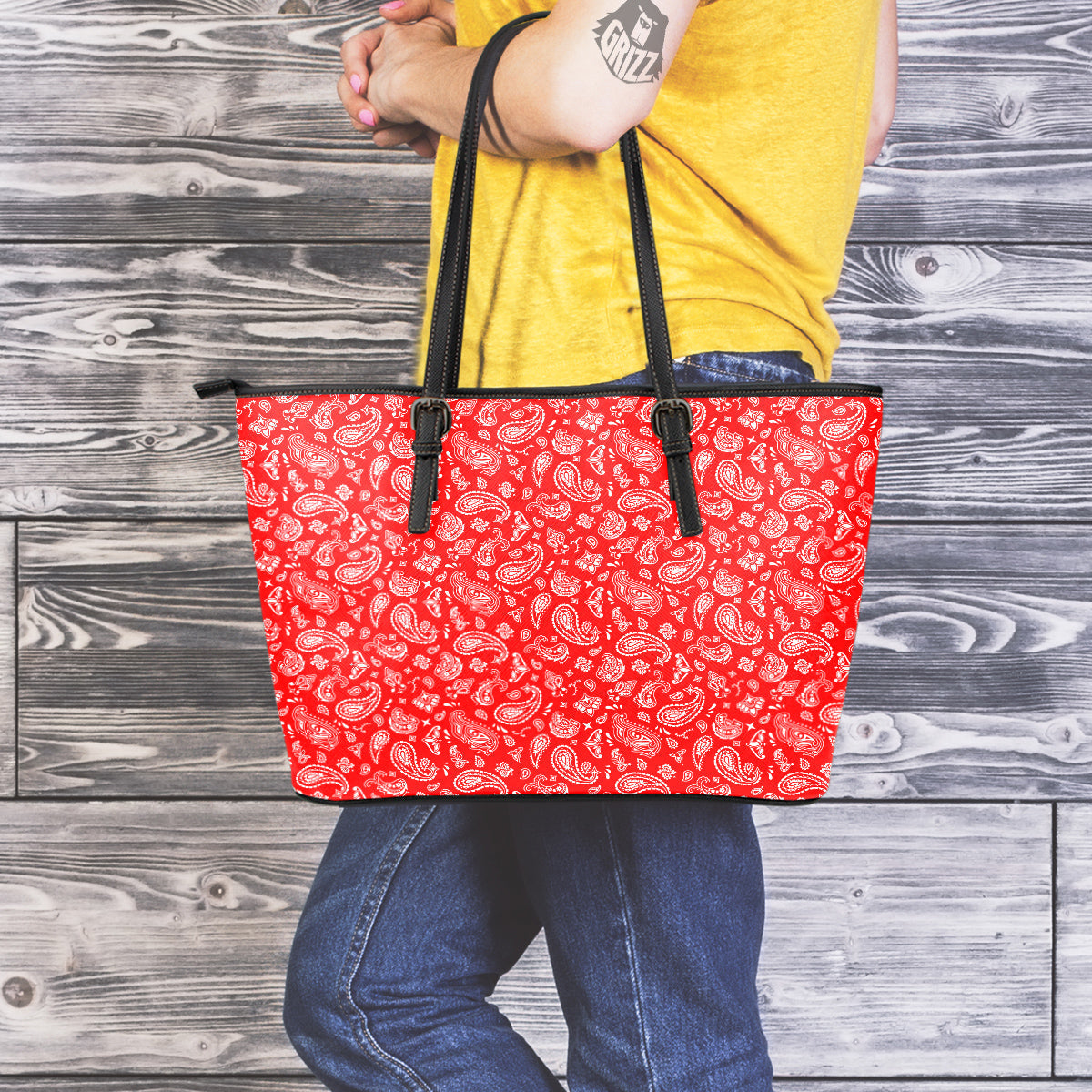 Red Paisley Bandana Print Leather Tote Bag-grizzshop