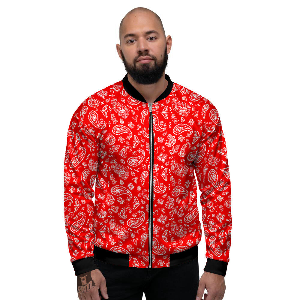 Red Paisley Bandana Print Men's Bomber Jacket-grizzshop