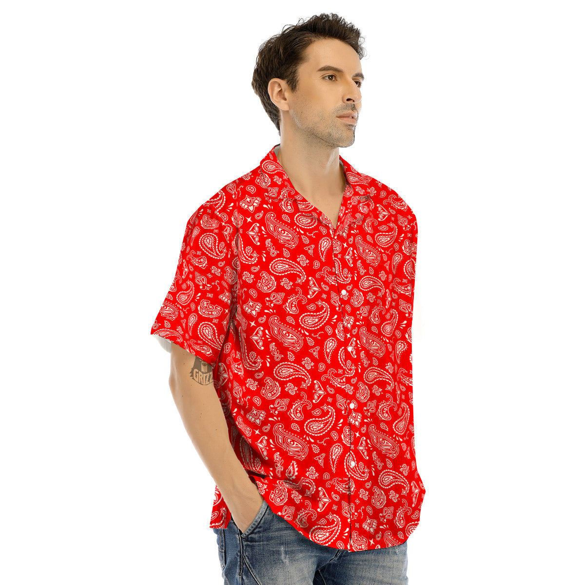 Red Paisley Bandana Print Men’s Hawaiian Shirt-grizzshop