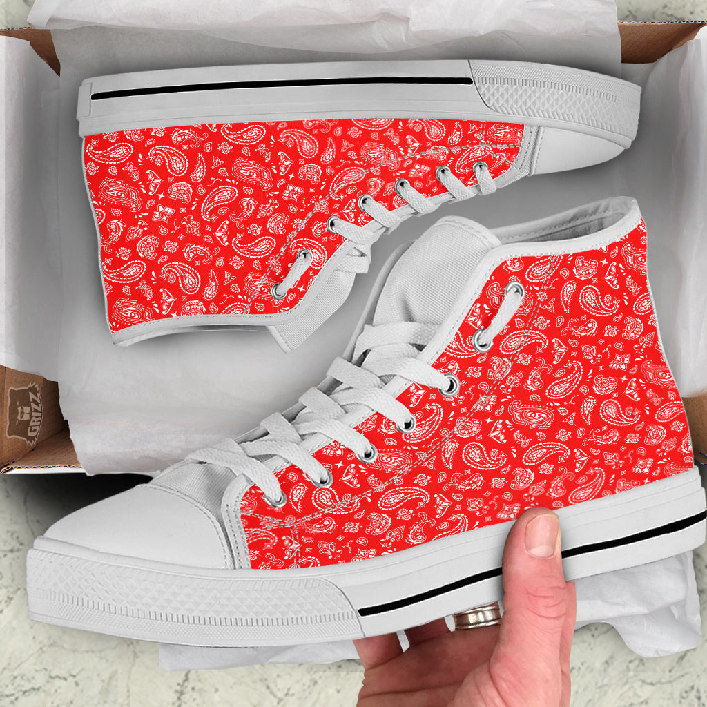 Red Paisley Bandana Print White High Top Shoes-grizzshop