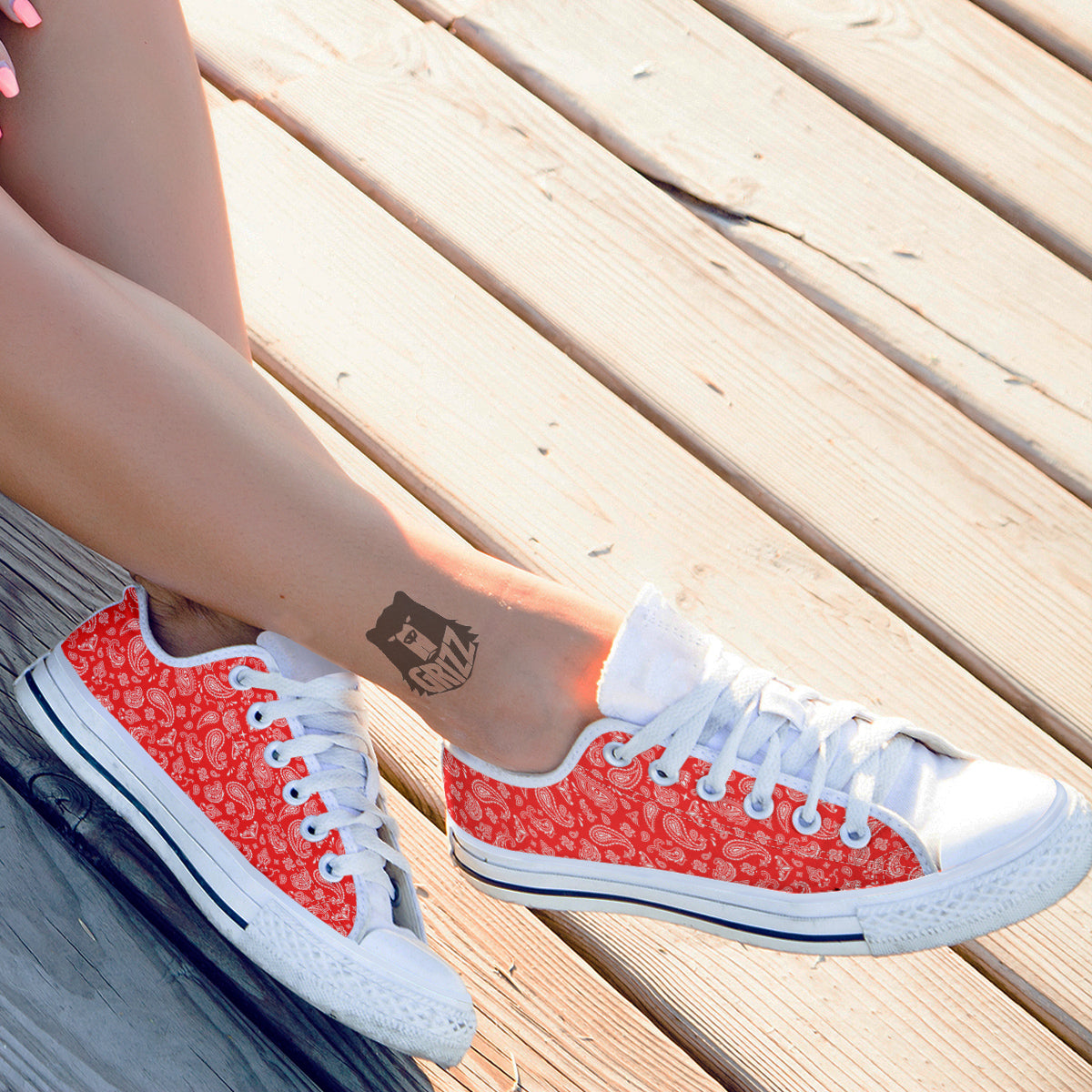 Red Paisley Bandana Print White Low Top Shoes-grizzshop
