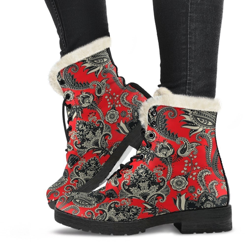 Red Paisley Pattern Print Comfy Winter Boots-grizzshop