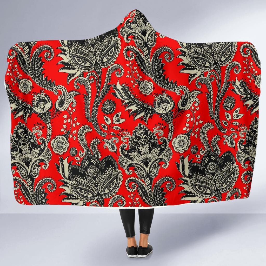 Red Paisley Pattern Print Hooded Blanket-grizzshop