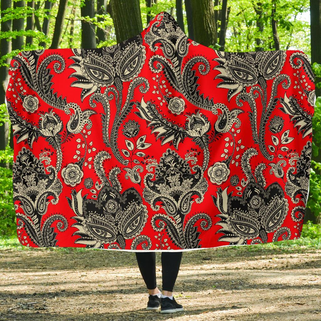 Red Paisley Pattern Print Hooded Blanket-grizzshop