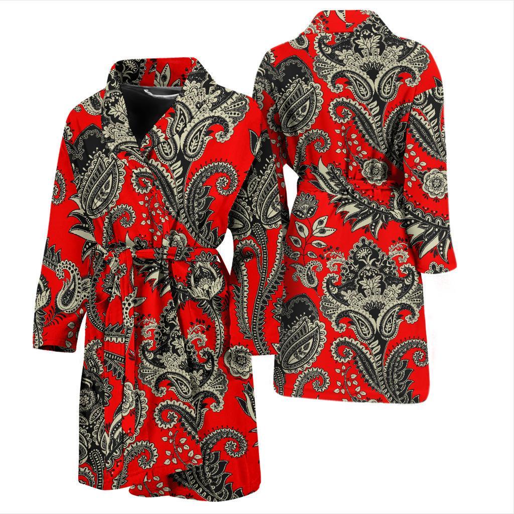 Red Paisley Pattern Print Men Long Robe-grizzshop