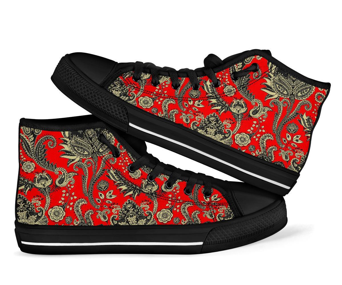 Red Paisley Pattern Print Men Women's High Top Shoes-grizzshop