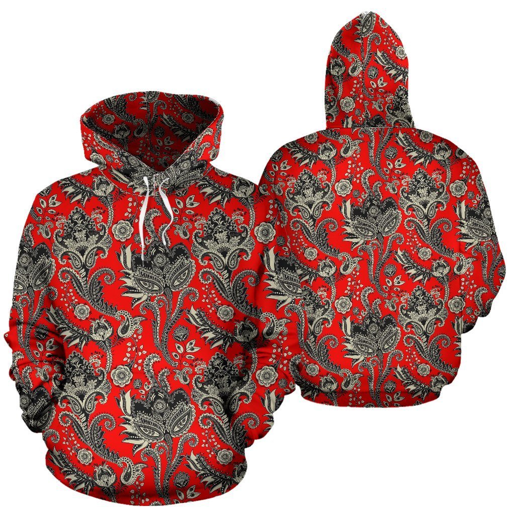 Red Paisley Pattern Print Women Men Pullover Hoodie-grizzshop