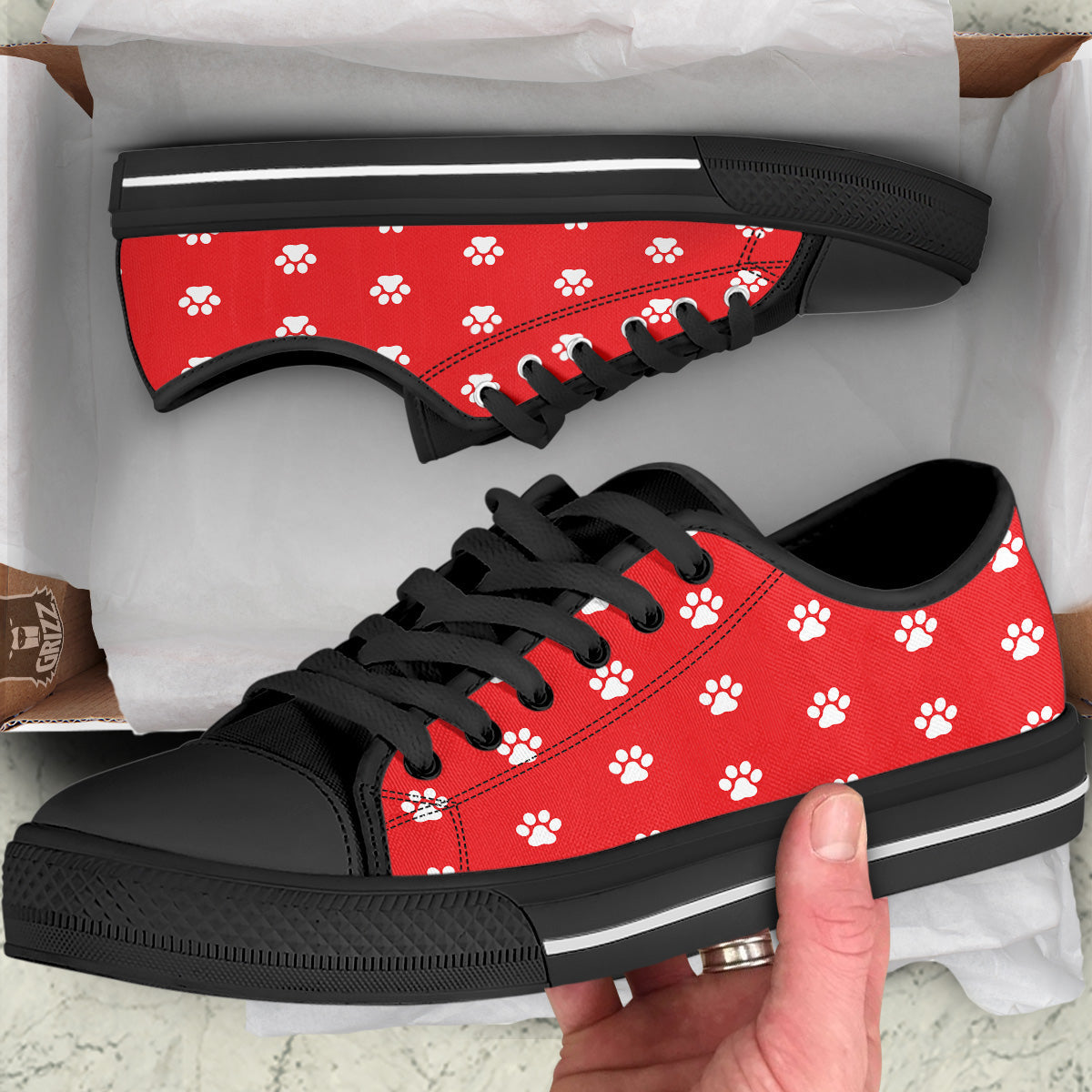 Red Paw Print Black Low Top Shoes-grizzshop