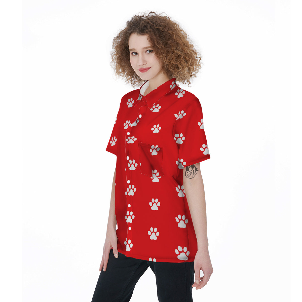Red Paw Print Women's Short Sleeve Shirts-grizzshop
