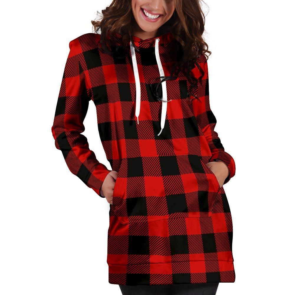 Red Plaid Hoodie Dress-grizzshop